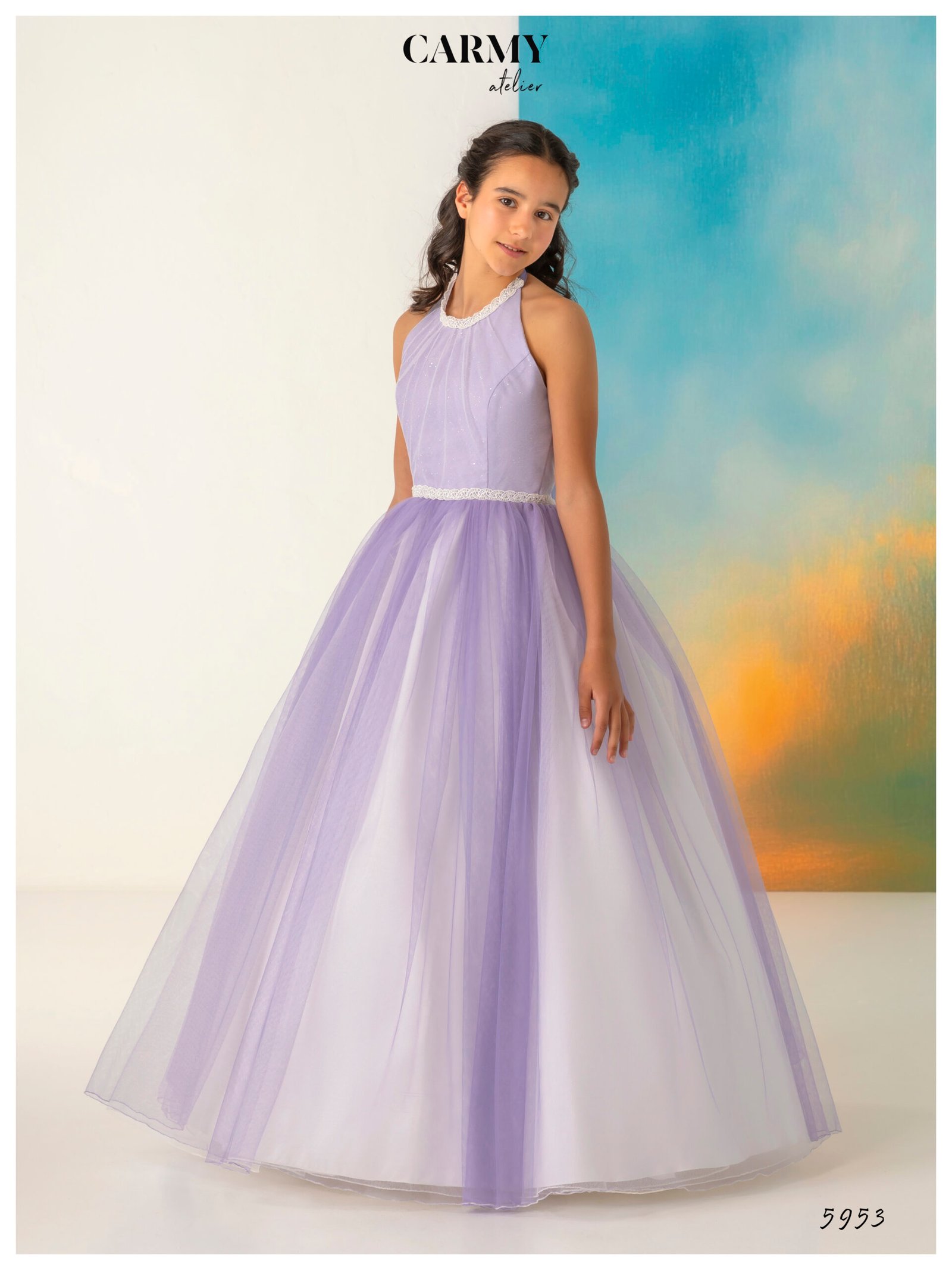 Vestido infantil largo color lila con falda de tul